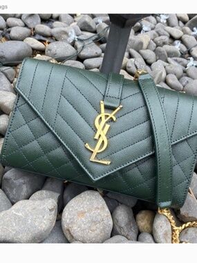 YSL Saint Laurent Small Envelope Bag Green Quilted Leather Crossbody Gold HW